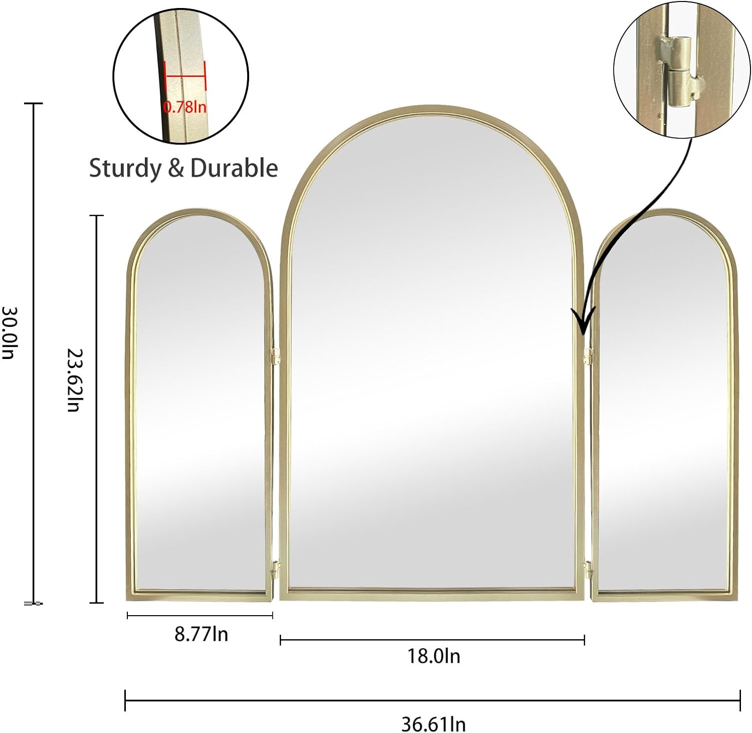 BAODANFU Trifold Vanity Mirrors 3 Way, 30 x 37in Adjustable Vanity Mirrors for Bathroom, Bedroom, Champaign Golden Arch Mirrors Wall Mounted Decoration, Braiding Hair, Makeup 360° Way