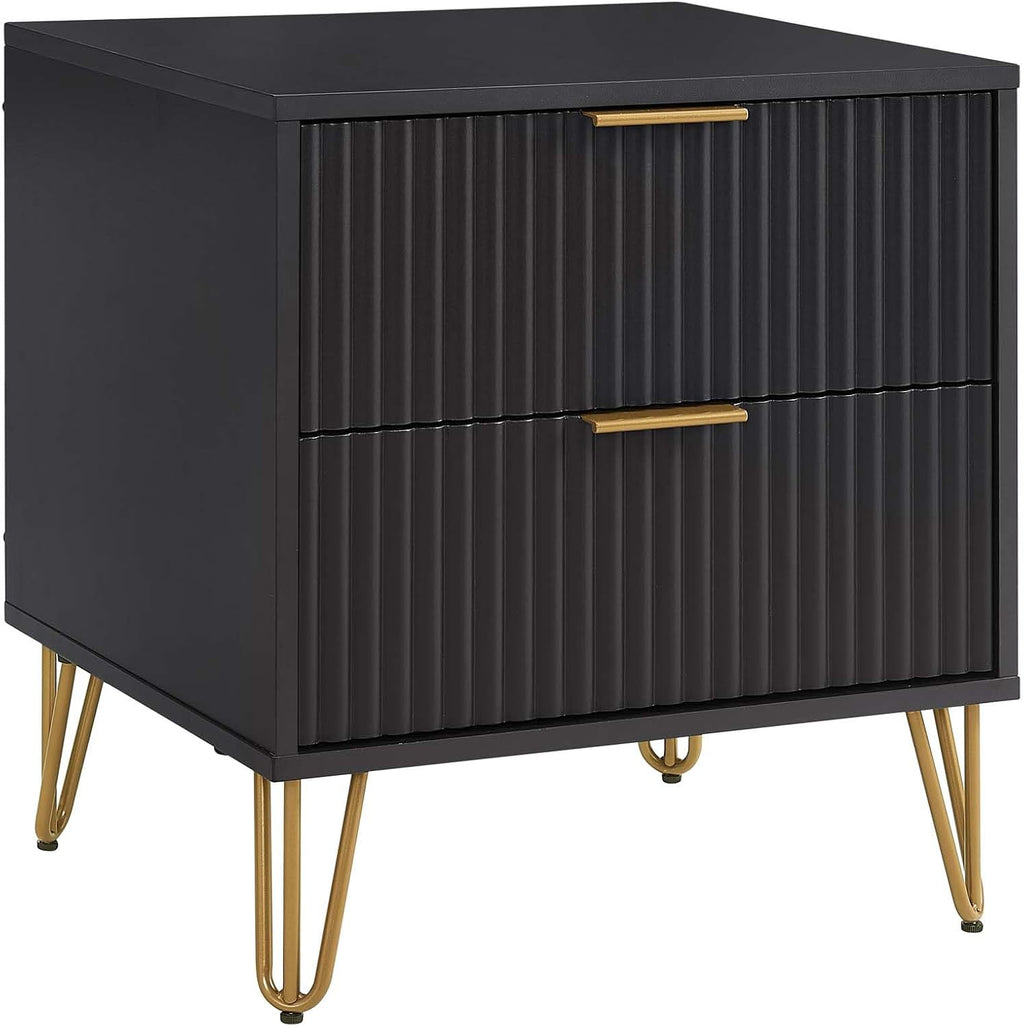 Manhattan Comfort Dumbo Modern Nightstand 2.0 with 2 Metal Feet | Splayed Gold Legs | Vertical Ribbed Design | No Tool Assembly Storage for Bedroom, Set of 2, Black