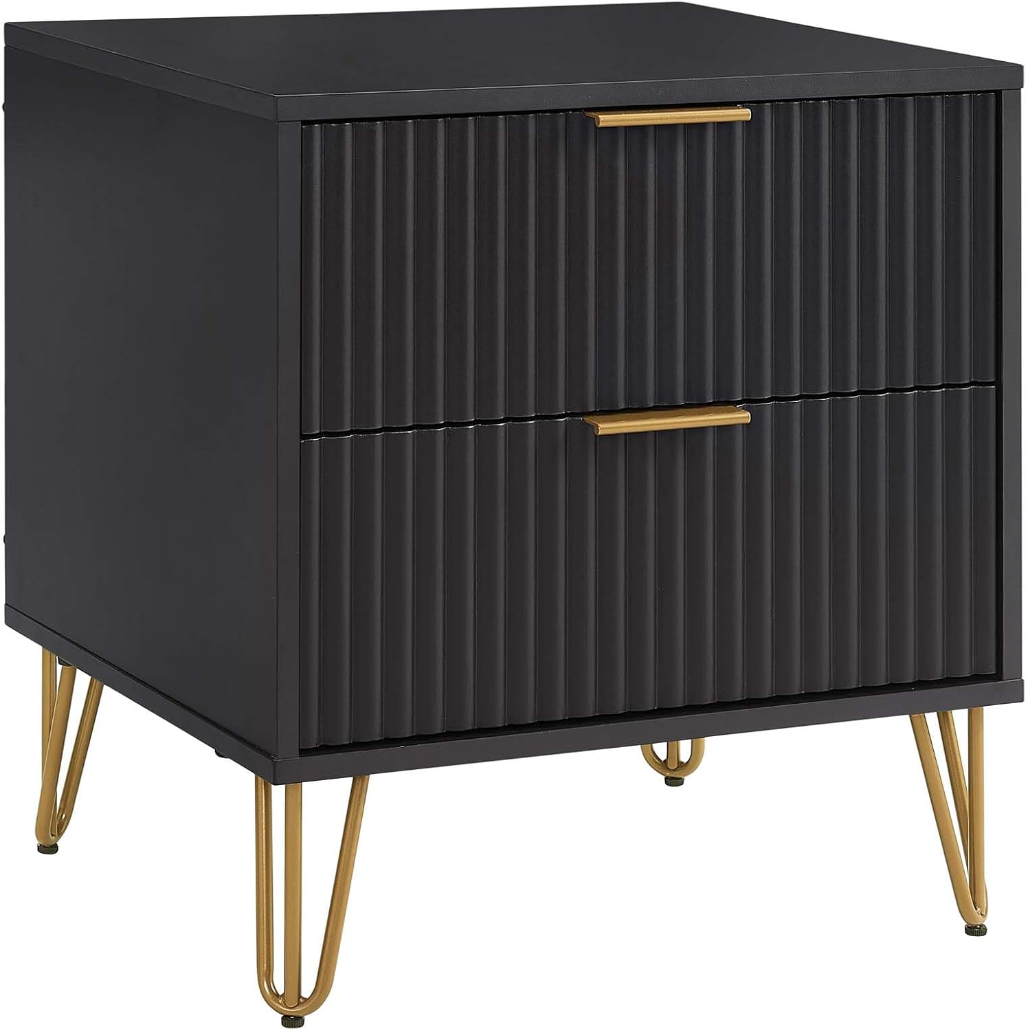 Manhattan Comfort Dumbo Modern Nightstand 2.0 with 2 Metal Feet | Splayed Gold Legs | Vertical Ribbed Design | No Tool Assembly Storage for Bedroom, Set of 2, Black