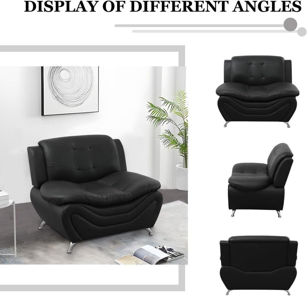 Contemporary Living Room Furniture Set, Faux Leather Sofa Set for Living Room/House/Bedroom/Office/Apartment (Black-A, Full Set(3PCS)), F45&F46