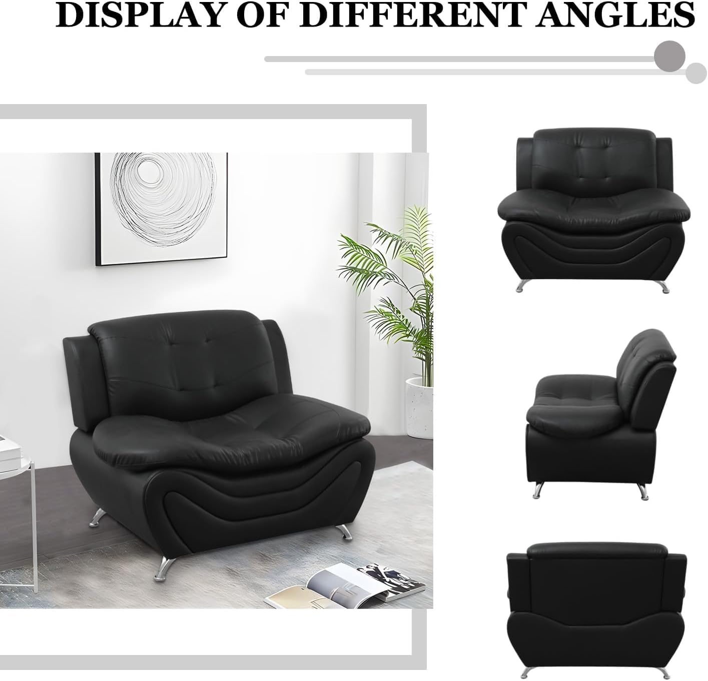 Contemporary Living Room Furniture Set, Faux Leather Sofa Set for Living Room/House/Bedroom/Office/Apartment (Black-A, Full Set(3PCS)), F45&F46