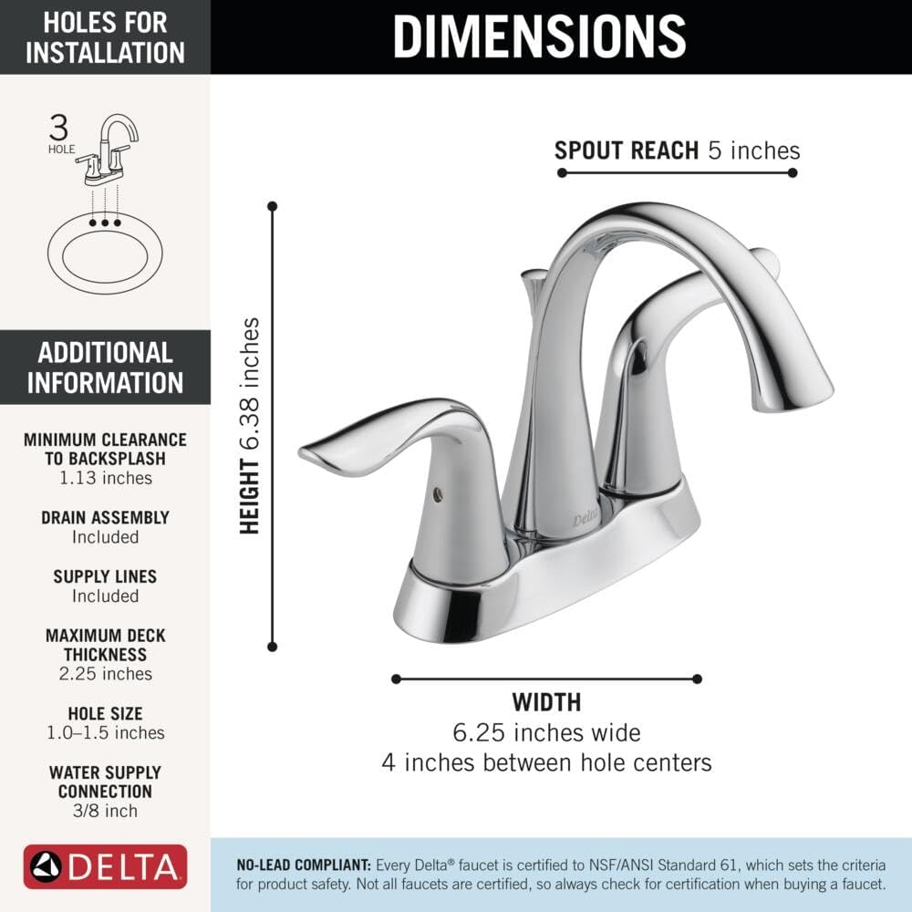 Delta Lahara Centerset Chrome Bathroom Faucet, 4 Inch 3 Hole Bathroom Sink Faucet for Vanity, Metal Push-Pop Drain Assembly, Chrome 2538-MPU-DST