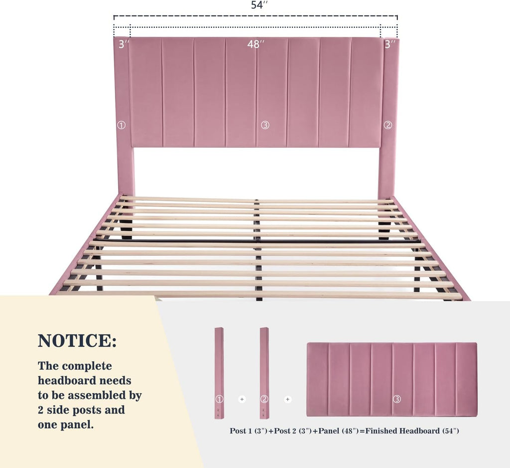 Allewie Full Platform Bed Frame/Velvet Upholstered Bed Frame with Vertical Channel Tufted Headboard/Strong Wooden Slats/Mattress Foundation/Box Spring Optional/Easy Assembly/Pink