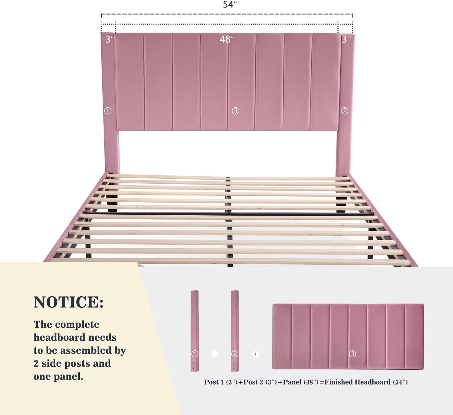 Allewie Full Platform Bed Frame/Velvet Upholstered Bed Frame with Vertical Channel Tufted Headboard/Strong Wooden Slats/Mattress Foundation/Box Spring Optional/Easy Assembly/Pink