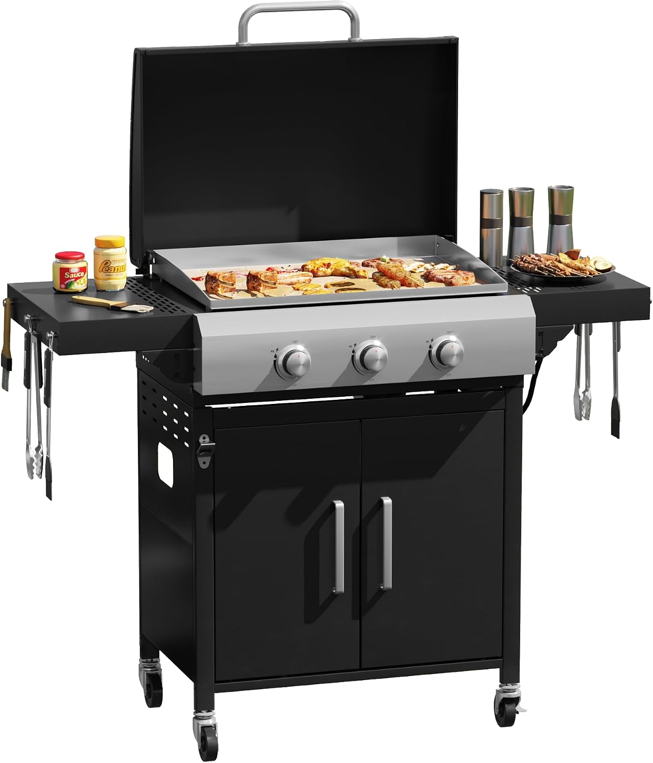 3 Burners Propane Gas Grill, Stainless Steel BBQ Grill with Porcelain-Enameled Cast Iron Grates, 36,000 BTU Outdoor Patio Barbeque Grill and Griddle Combo for Party, Camping, Backyard