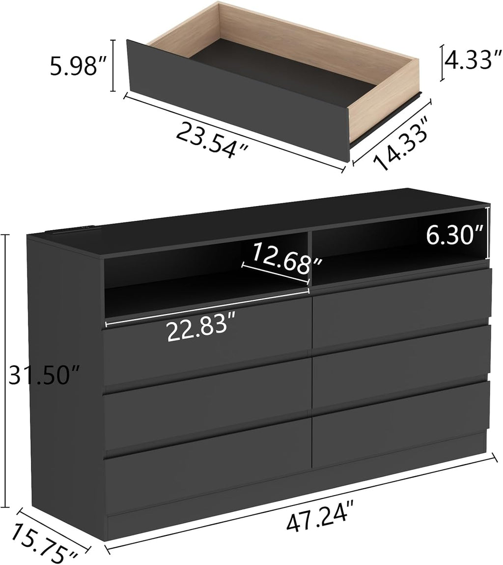 Gyfimoie 6 Drawer Double Dresser with Power Outlet, Accent Chests of Drawers with LED Light, Modern White Storage Dresser with Charging Station (Mirror Not Included)