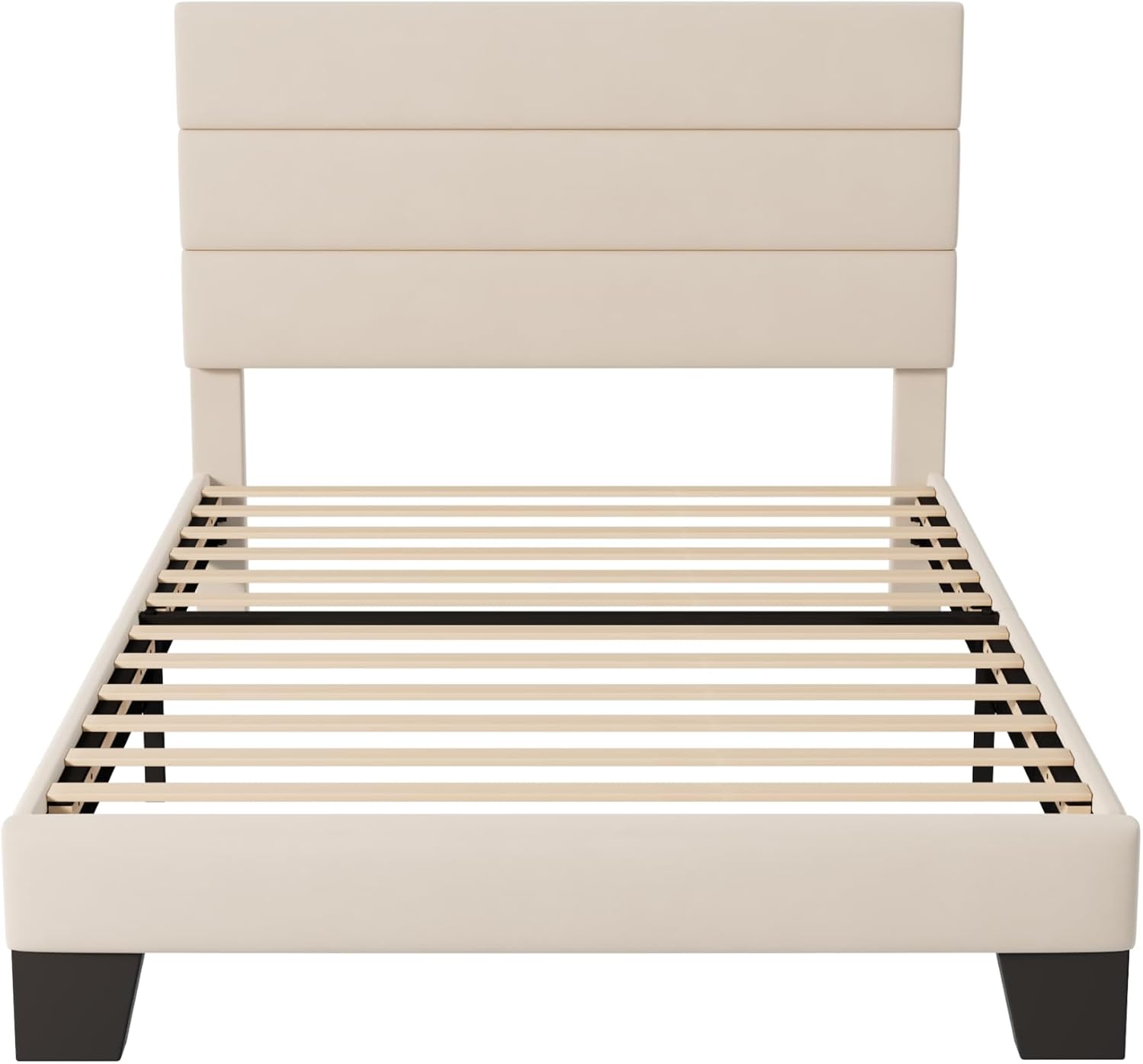 Allewie Twin Size Platform Bed Frame with Fabric Upholstered Headboard and Wooden Slats Support, Fully Upholstered Mattress Foundation/No Box Spring Needed/Easy Assembly, Cream