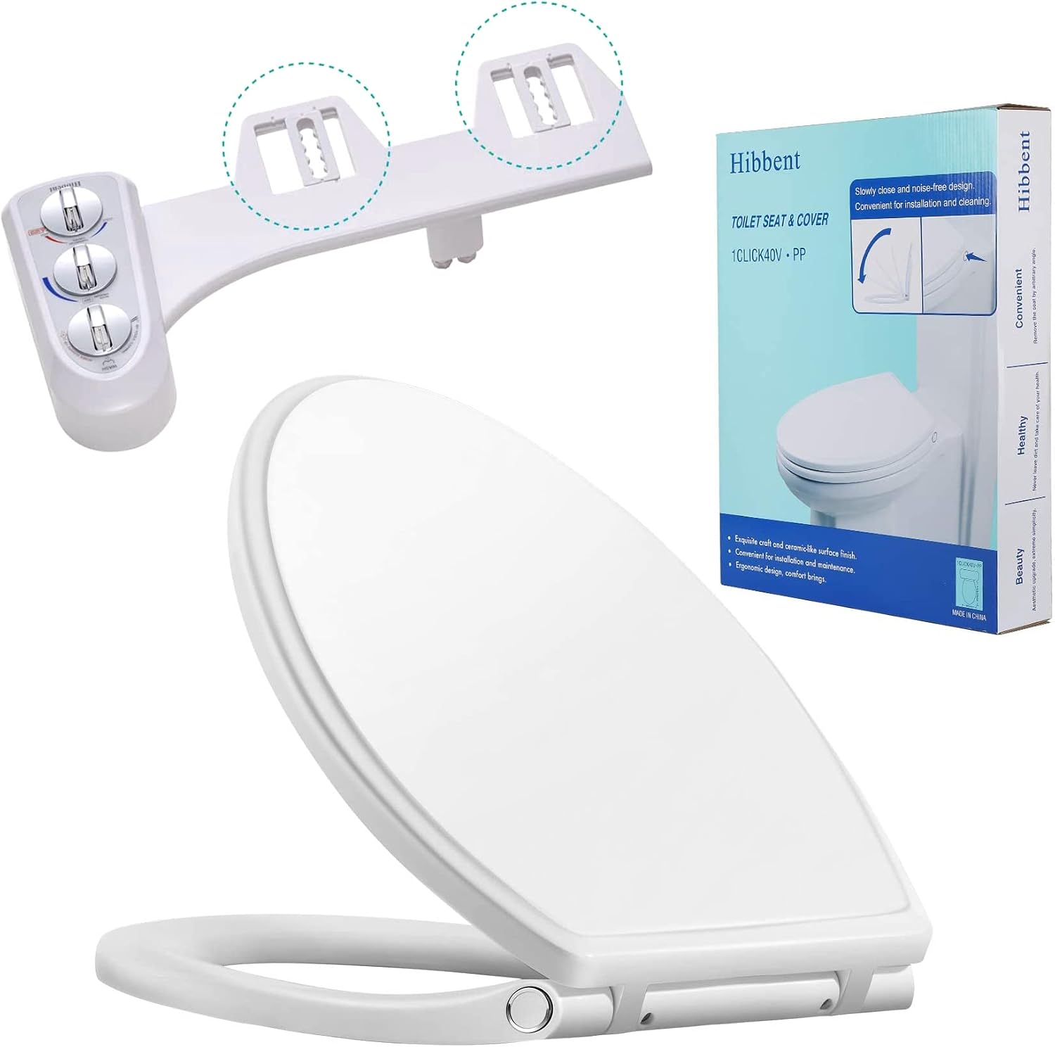 Hibbent Premium One Click Elongated Toilet Seat with Bidet Self Cleaning Dual Nozzle, Hot and Cold Water Spray, Non-Electric Mechanical Bidet