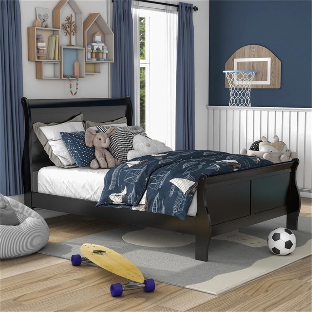 BOWERY HILL Transitional Solid Wood Panel Twin Bed, Black Finish, Sleigh Design, 83.5' L x 41.38' W x 47.25' H, Robust Frame, Paneled Headboard, Kids Bedroom Furniture