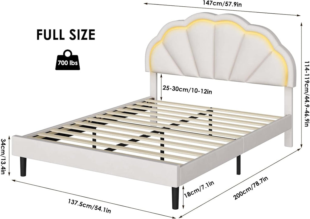 HIFIT Full Upholstered Smart LED Bed Frame with Adjustable Chic Petal Headboard, Princess Full Size Platform Bed Frames for Kids/Girls, Wooden Slats Support, No Box Spring Needed, Easy Assembly, Beige