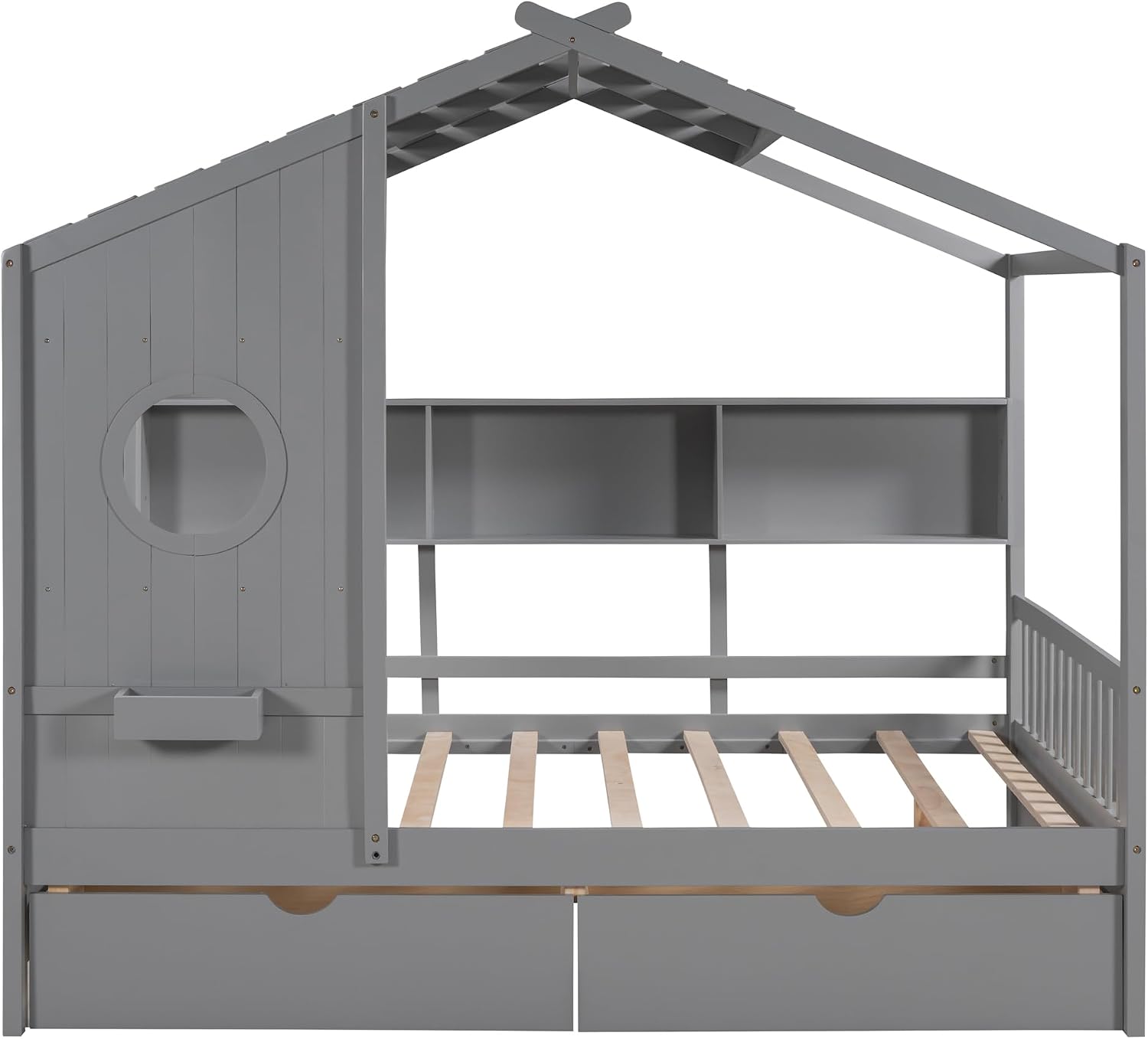 VilroCaz Full Size House Bed with 2 Drawers and Storage Shelf, Playhouse Design Solid Wood Kids Platform Bed Frame for Girls Boys, Decorable Daybed with Sturdy Slats Support, Space-Saving (AF-Gray)