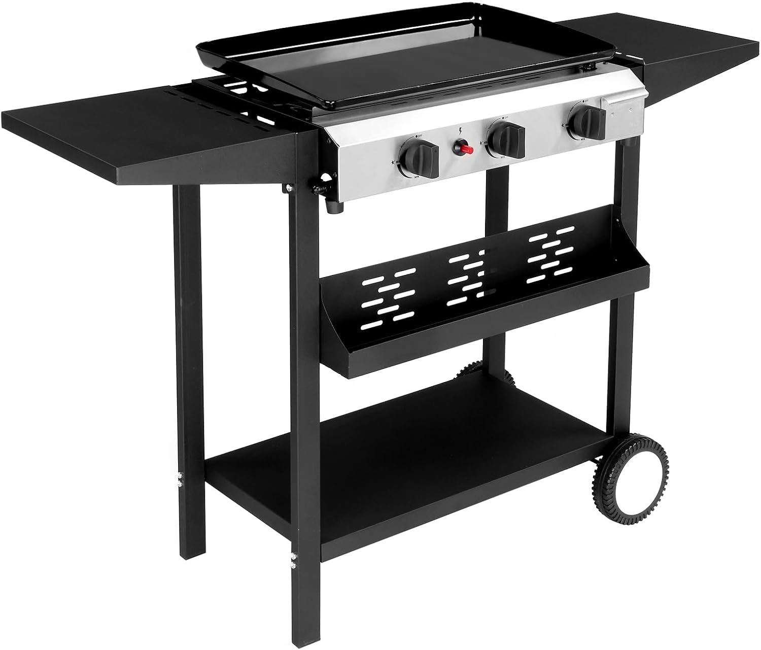 3-Burner Flat Top Gas Griddle Cooking Station with Ceramic Coated Cast Iron Pan, 30,000 BTU Propane Fuelled Griddle Station with Side Shelves & Spice Rack for Outdoor Barbecue Backyard Cookout