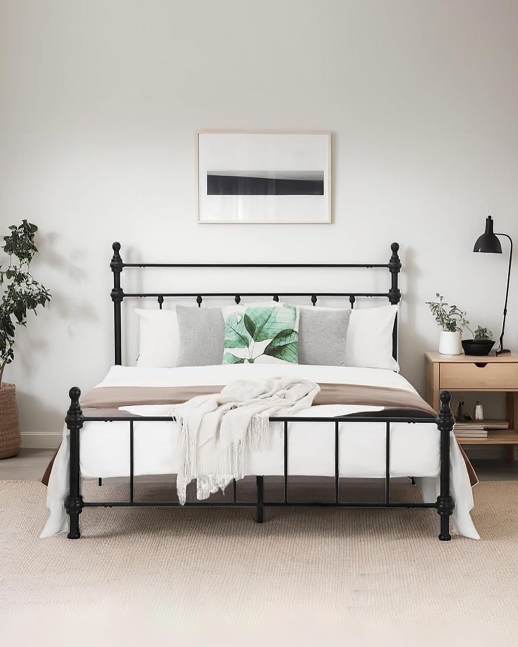 Full Size Bed Frame, Metal Platform Bed with Straight Headboard, Retro Luxury Roman Column, Easy Set up, No Box Spring Needed, Storage Space Under-Bed (Full)