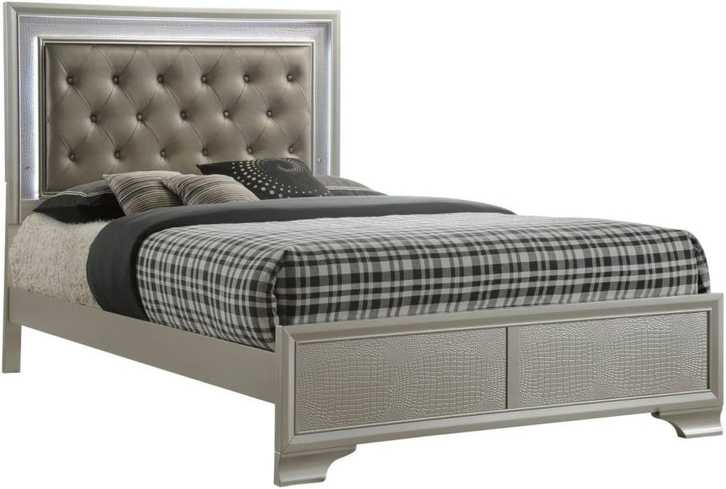Modern Champagne Faux Finish 3pc Full Size LED Backlit HB Bed and Storage Nightstand Wooden Bedroom Furniture Set