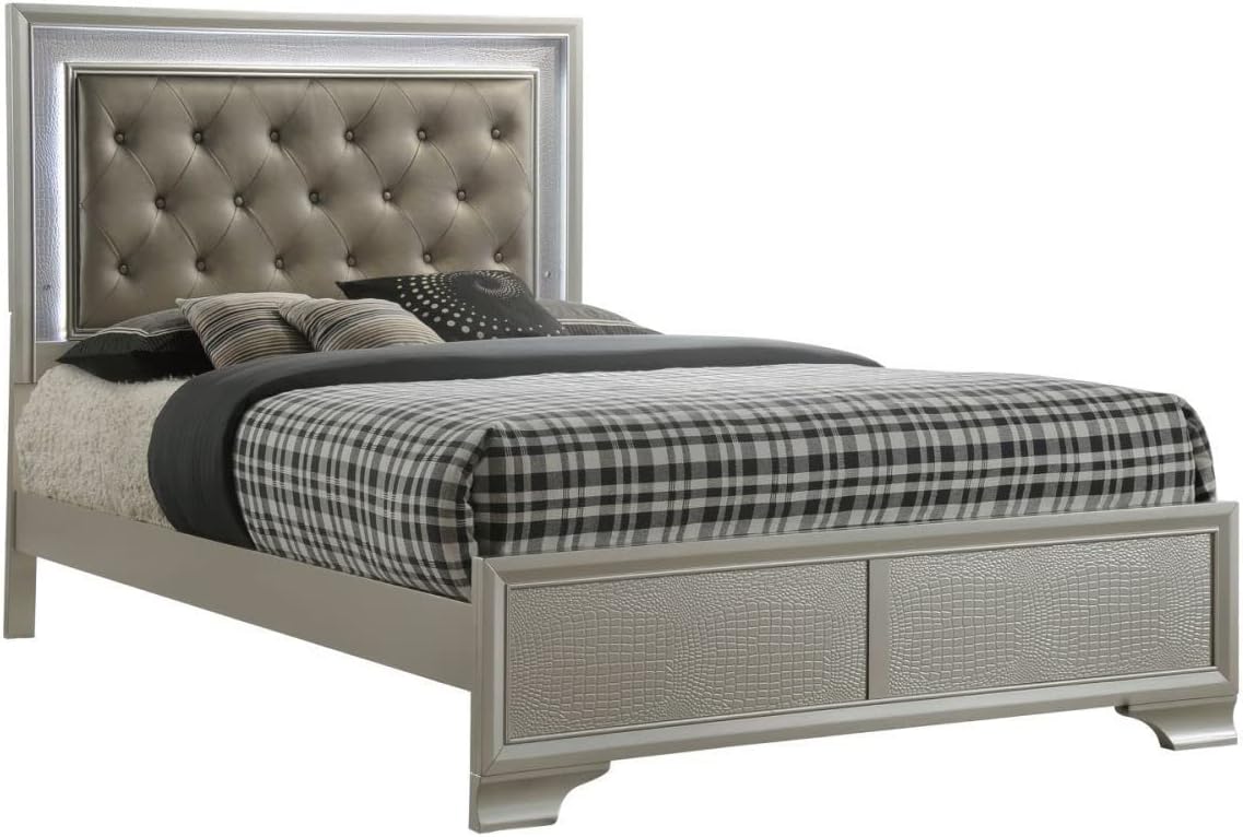 Modern Champagne Faux Finish 3pc Full Size LED Backlit HB Bed and Storage Nightstand Wooden Bedroom Furniture Set