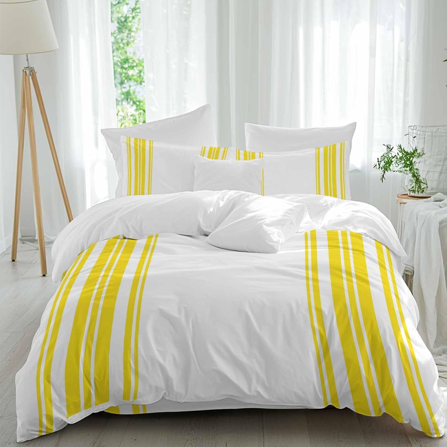 Yellow and White Striped Duvet Cover Set Queen Size 4 Pieces Modern Minimalist Vertical Lines Bedding Set with Zipper Closure, 1 Comforter Cover 92x106 Inches 1 Flat Sheet & 2 Pillow Cases