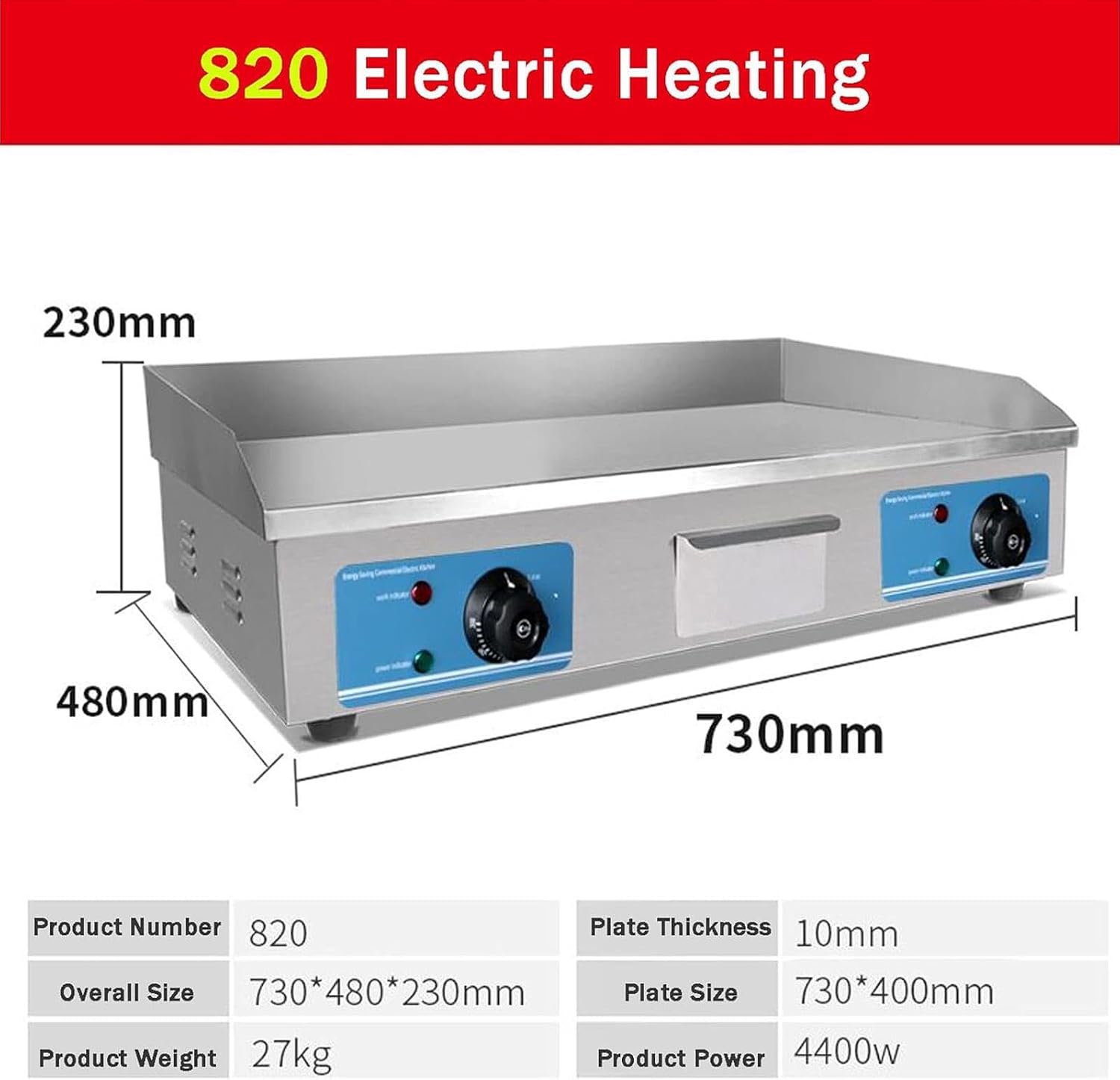 Commercial Griddle Electric Countertop Griddle Flat Top Grill Hot Plate BBQ Commercial Grill with Large Cooking Surface & Adjustable Temperature Control for Restaurant Grill & Kitchen,820