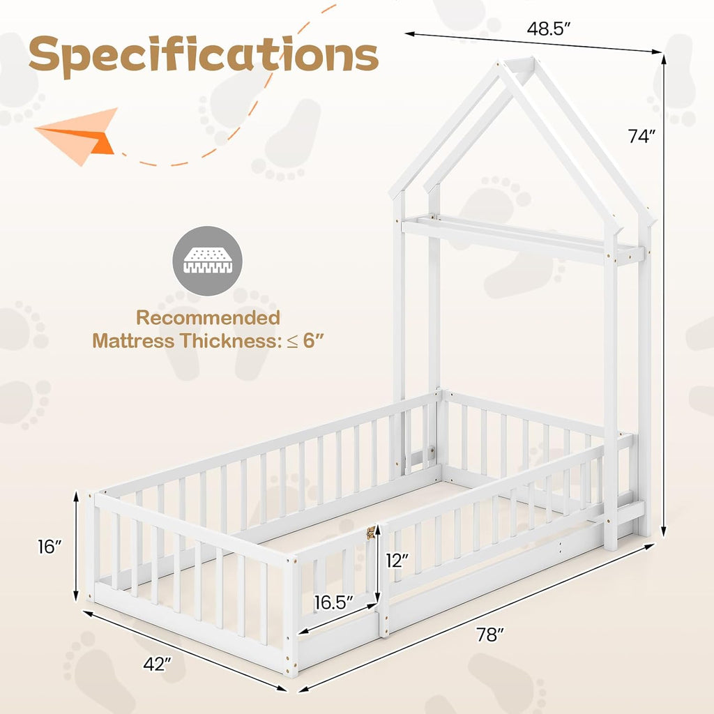 KOMFOTT Twin Size Floor Bed with House-Shaped Headboard, Kids Montessori Floor Bed with Detachable Clothes Hanger, Full Length Safety Guardrails, Door & Latch, Solid Wood Floor Bed Frame