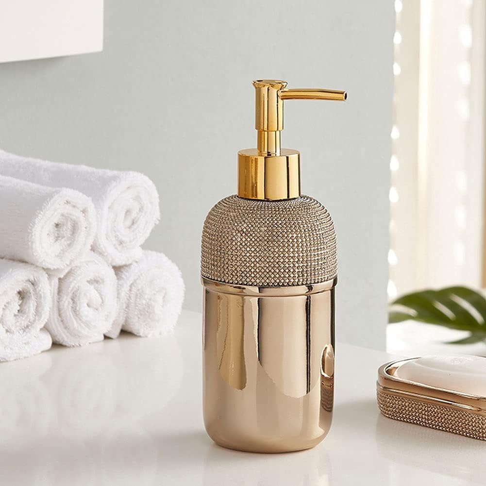 Soap Bottles Gold Bathroom Accessories Set 6 Piece Resin Bath Accessory Sets Complete Soap Dispenser Toothbrush Holders Tumbler Soap Dish and Ceramic Tray Soap Dispenser (Color : Gold)