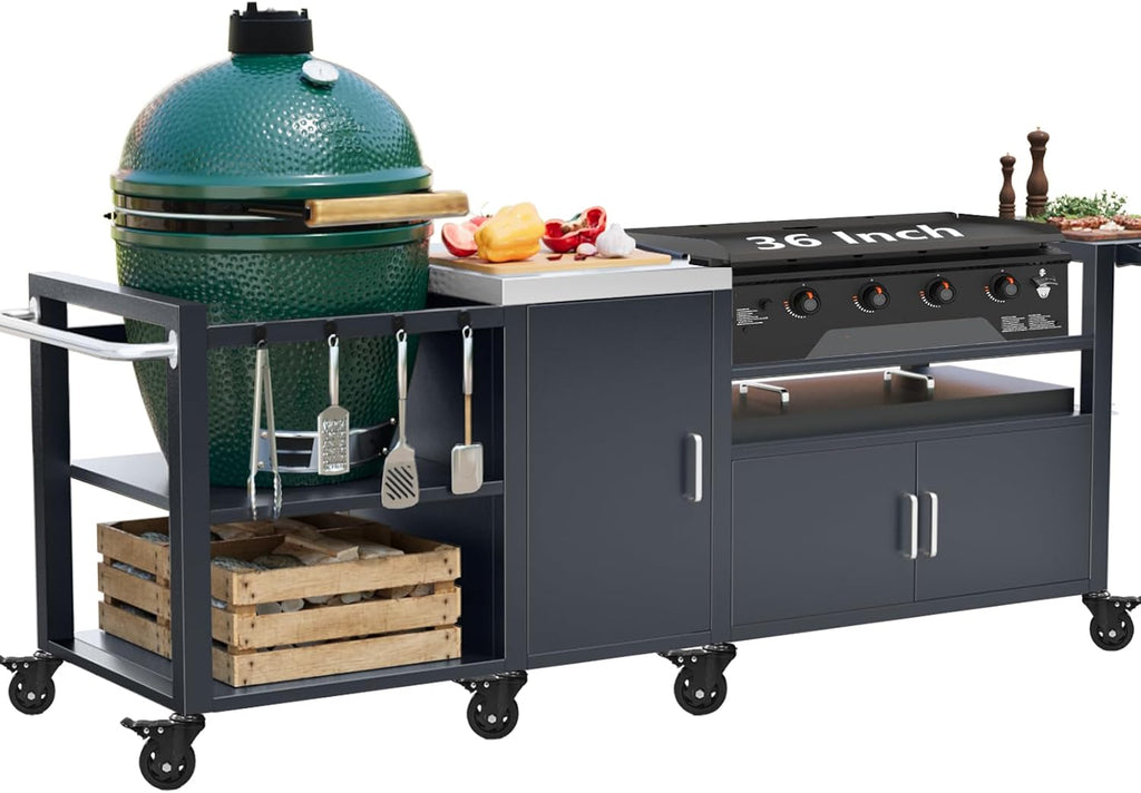 GDLF Outdoor Grill Cart for Big Green Egg& Blackstone Griddle, Metal Grill Table Compatible with Large Big Green Egg and 28'/36' Blackstone Griddle, Waterproof Cover Included