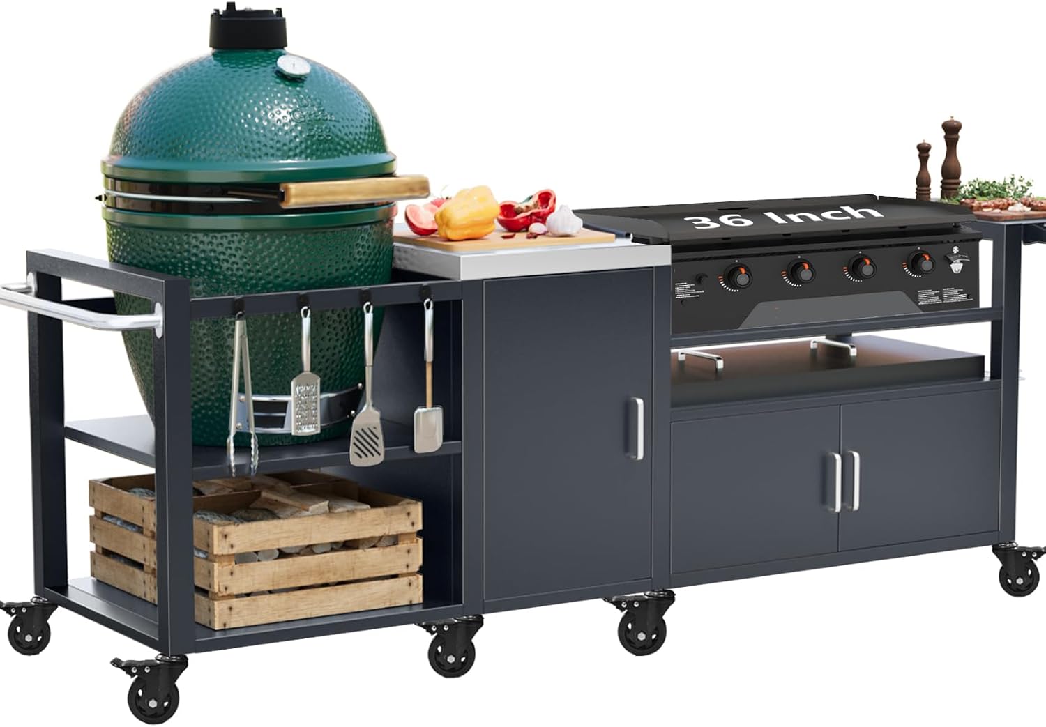 GDLF Outdoor Grill Cart for Big Green Egg& Blackstone Griddle, Metal Grill Table Compatible with Large Big Green Egg and 28'/36' Blackstone Griddle, Waterproof Cover Included