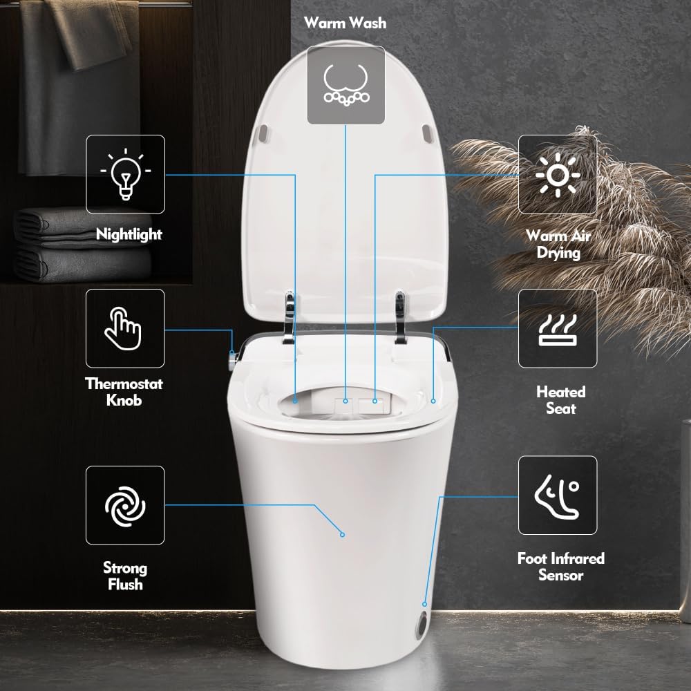 Elongated Smart Bidet Toilet with Heated Seat and Warm Air Dryer, Remote Control Operated with Multiple Wash Modes and Soft Close Lid