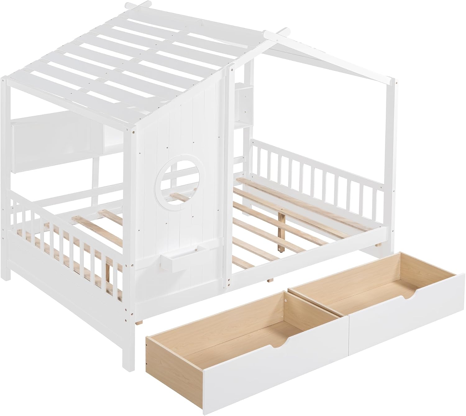 VilroCaz Full Size House Bed with 2 Drawers and Storage Shelf, Playhouse Design Solid Wood Kids Platform Bed Frame for Girls Boys, Decorable Daybed with Sturdy Slats Support, Space-Saving (AF-White)