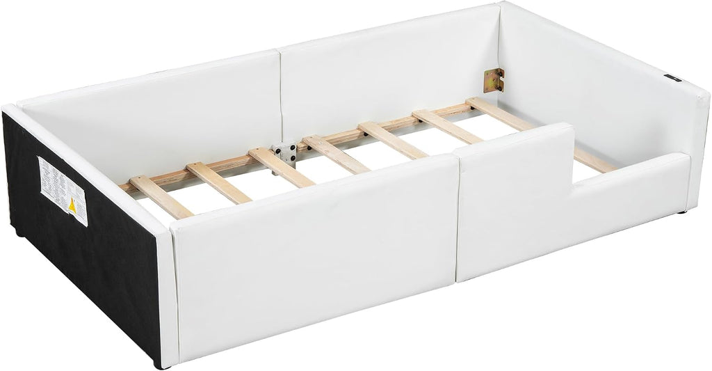 VilroCaz Twin Size Upholstered Platform Bed with Safety Guardrail, Montessori Kids Floor Bed, Child Grounded Bed with Charging Station and Sturdy Slats Support
