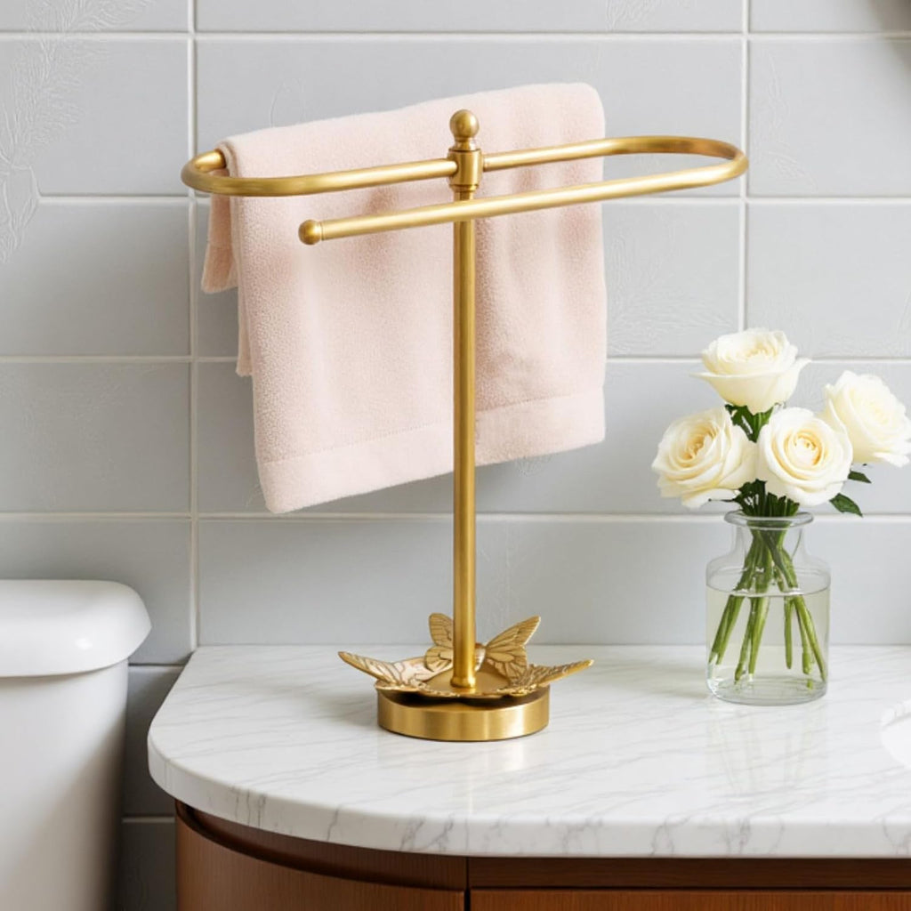Brass Gold Freestanding Hand Towel Holder for Bathroom Countertop, Decorative Kitchen Towel Holder Stand (C)