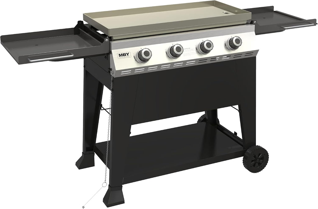 4 Burner Propane Grill with Rainproof Cover 32inch Outdoor Flat Top Griddle Foldable Side Table for Backyards Barbecue