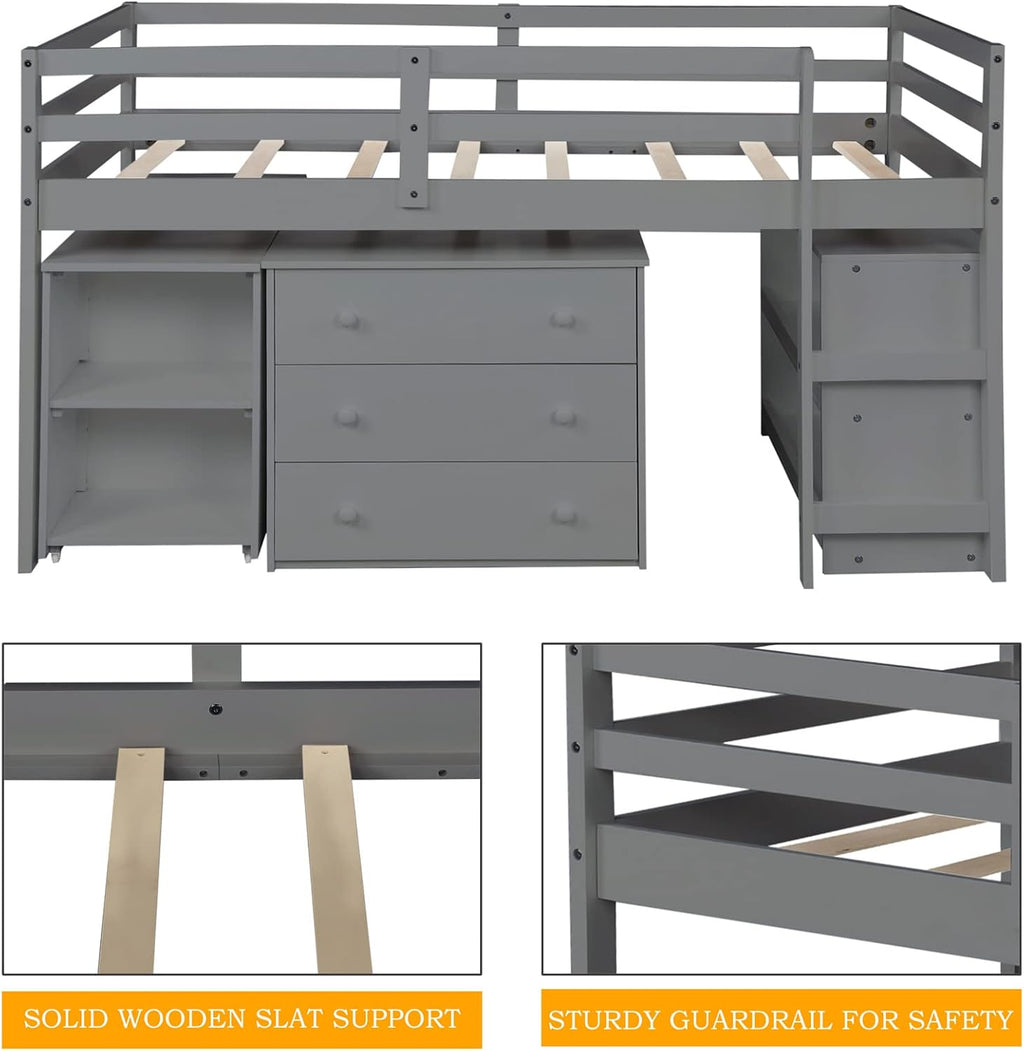 Bellemave Low Loft Bed Wood Loft Bed Frame with Storage Cabinet and Rolling Portable Desk for Kids and Teen, Boys, Girls, Twin,Gray