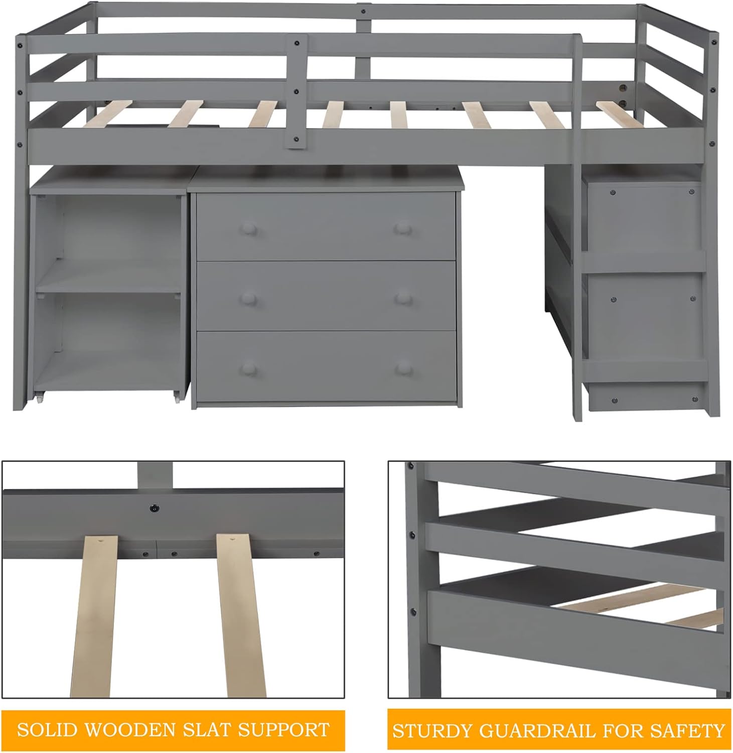 Bellemave Low Loft Bed Wood Loft Bed Frame with Storage Cabinet and Rolling Portable Desk for Kids and Teen, Boys, Girls, Twin,Gray