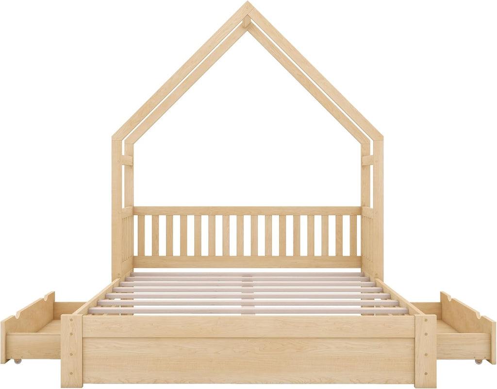 VilroCaz Wood Queen Size House Platform Bed with Safety Fence, Montessori Platform Bed with House Shape Headboard and 2 Drawers for Kids Boys Girls, Sturdy Slats Support (Natural-Q)