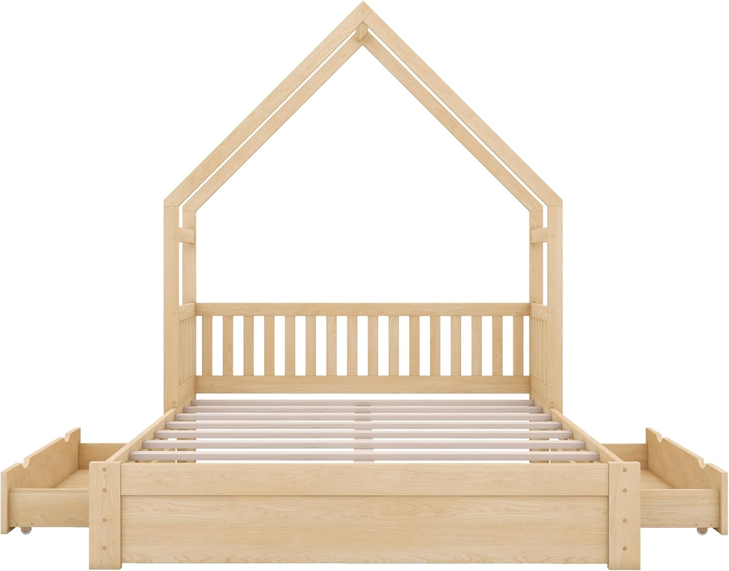 VilroCaz Wood Queen Size House Platform Bed with Safety Fence, Montessori Platform Bed with House Shape Headboard and 2 Drawers for Kids Boys Girls, Sturdy Slats Support (Natural-Q)