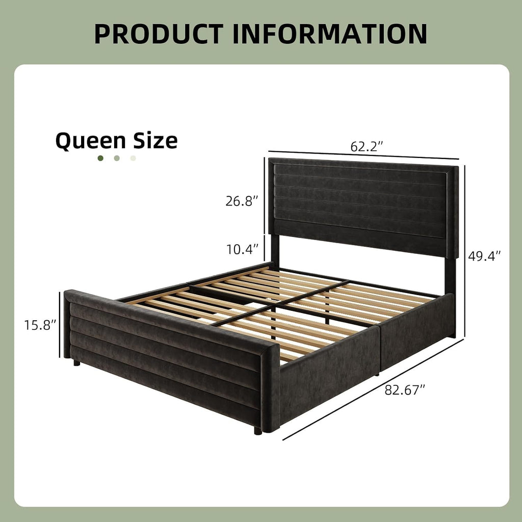 REVOMINCA Queen Bed Frame, Queen Platform Bed Frame with Velvet Upholstered Headboard, No Box Spring Needed, Easy Assembly, Black