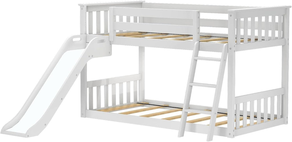 Max & Lily Solid Wood Twin Over Twin Size Low Bunk Beds for Kids with Slide and Ladder, 400 lbs Weight Capacity, 14' Safety Guardrail, Anti-Slip Steps, White