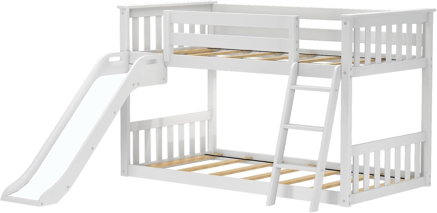 Max & Lily Solid Wood Twin Over Twin Size Low Bunk Beds for Kids with Slide and Ladder, 400 lbs Weight Capacity, 14' Safety Guardrail, Anti-Slip Steps, White
