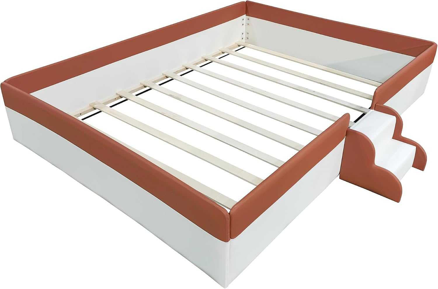 VilroCaz King Size Upholstered Daybed Frame with Fence and Stairs, Montessori Kids Floor Bed with Sturdy Slat Support for Kids Boys Girls (Brown+King)