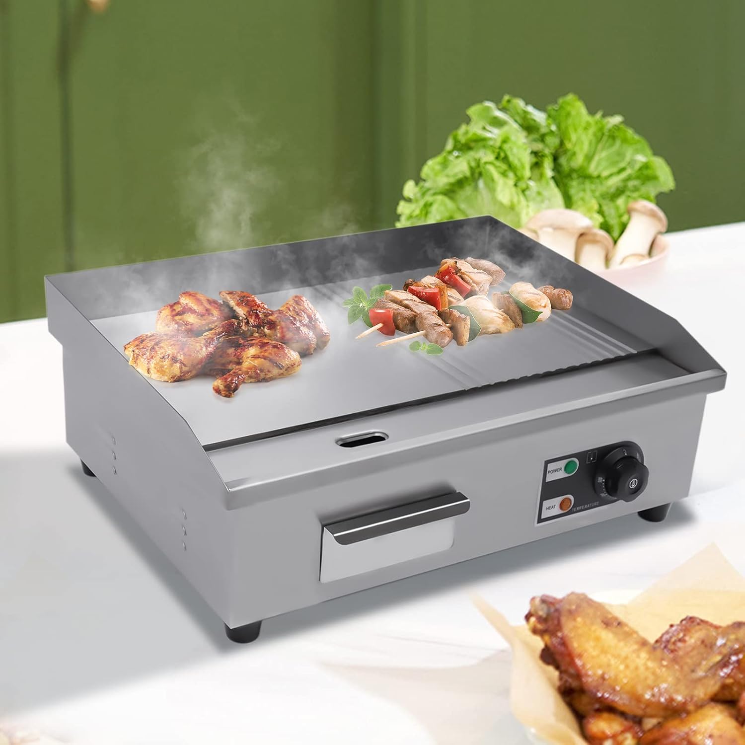 Commercial Electric Griddle 110V, 22' Stainless Steel Flat Top Grill with Dual Zone (Grooved/Flat), Adjustable Temp 122°F-572°F for Restaurant, Diner & Home Kitchen