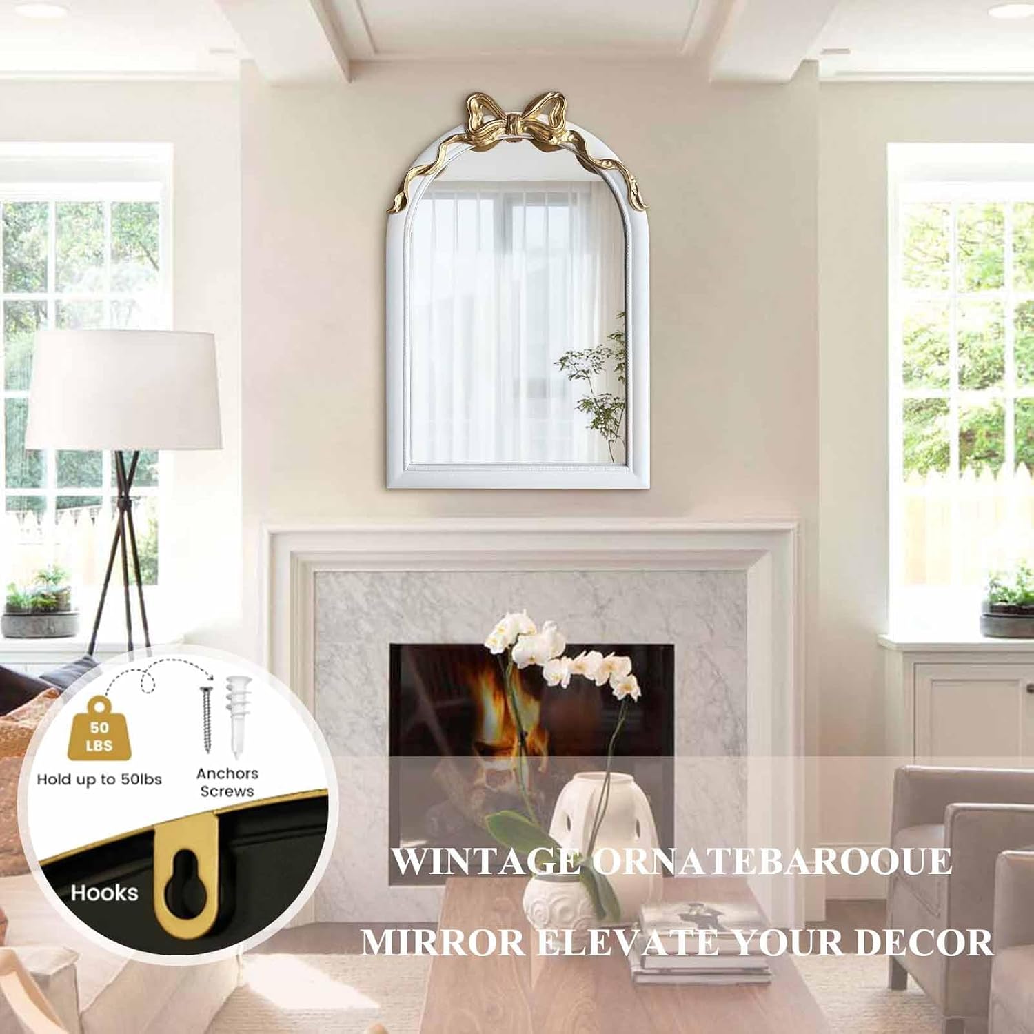 36x24 Arched White Bow Wall Mirror with Gold Ribbon, Vintage Vanity Mirror for Bedroom & Nursery Decor, Cute Coquette Aesthetic Engineered Wood Frame, Shabby Chic Style