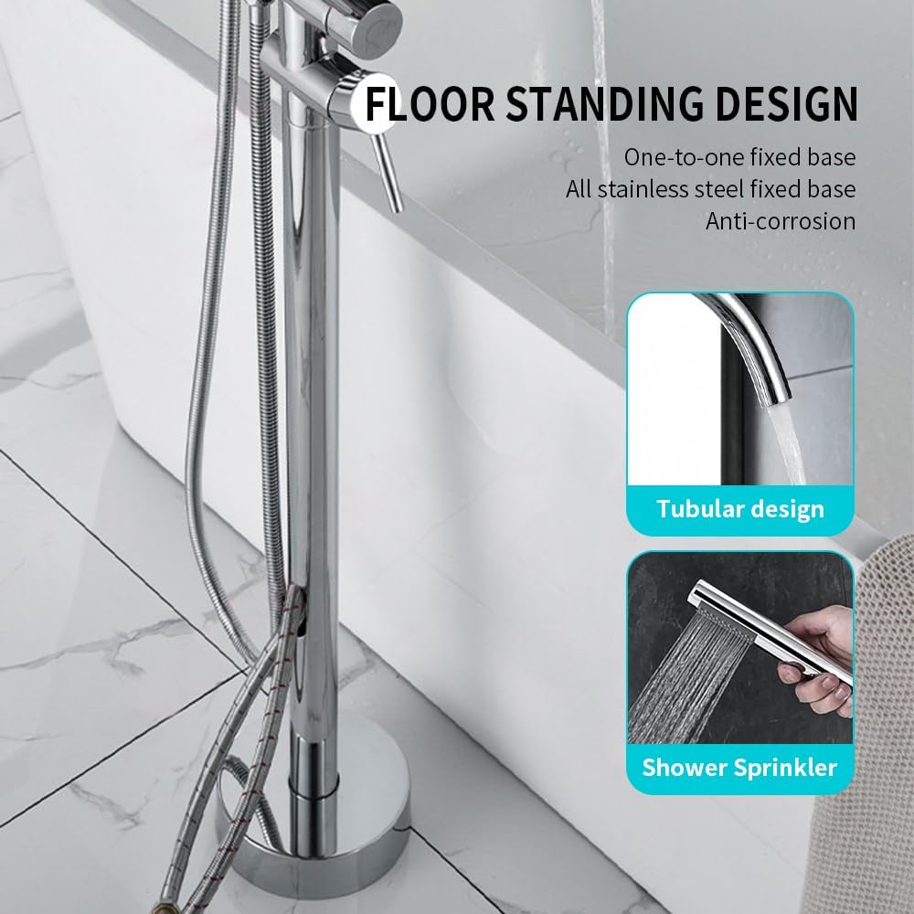 Floor Mount Bathtub Faucet, Freestanding Tub Filler, Standing Swivel Spout Shower Faucets Shower Mixer Taps with Cylinder Handheld Shower (Chrome, With Embedded Box)