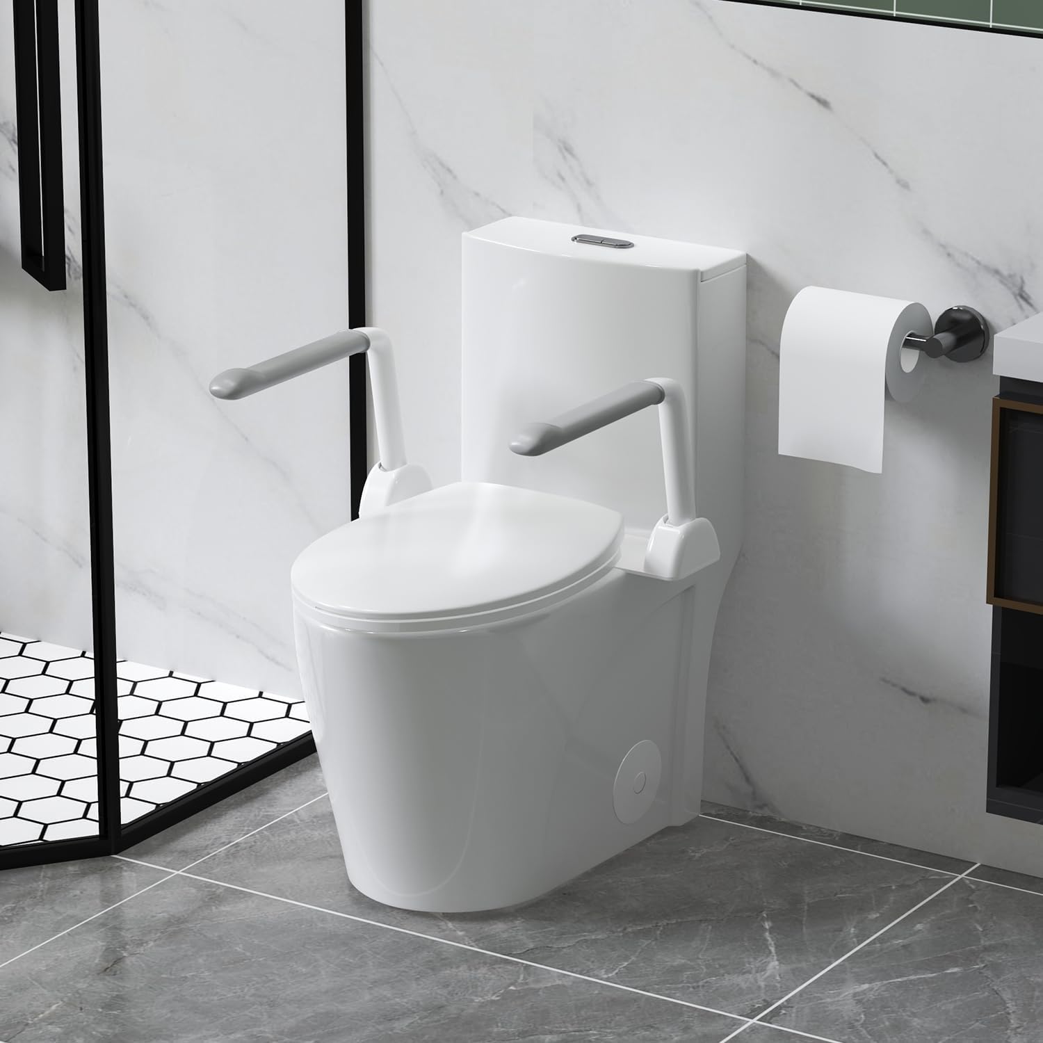 Elongated One Piece Toilet with Comfort Chair Seat ADA Height 17.3' and armrests, Modern Toilets for Bathroom, Powerful Dual Flush 1.1/1.6 GPF Compact Toilet, MAP 1000g, 12' Rough-In, Glossy White