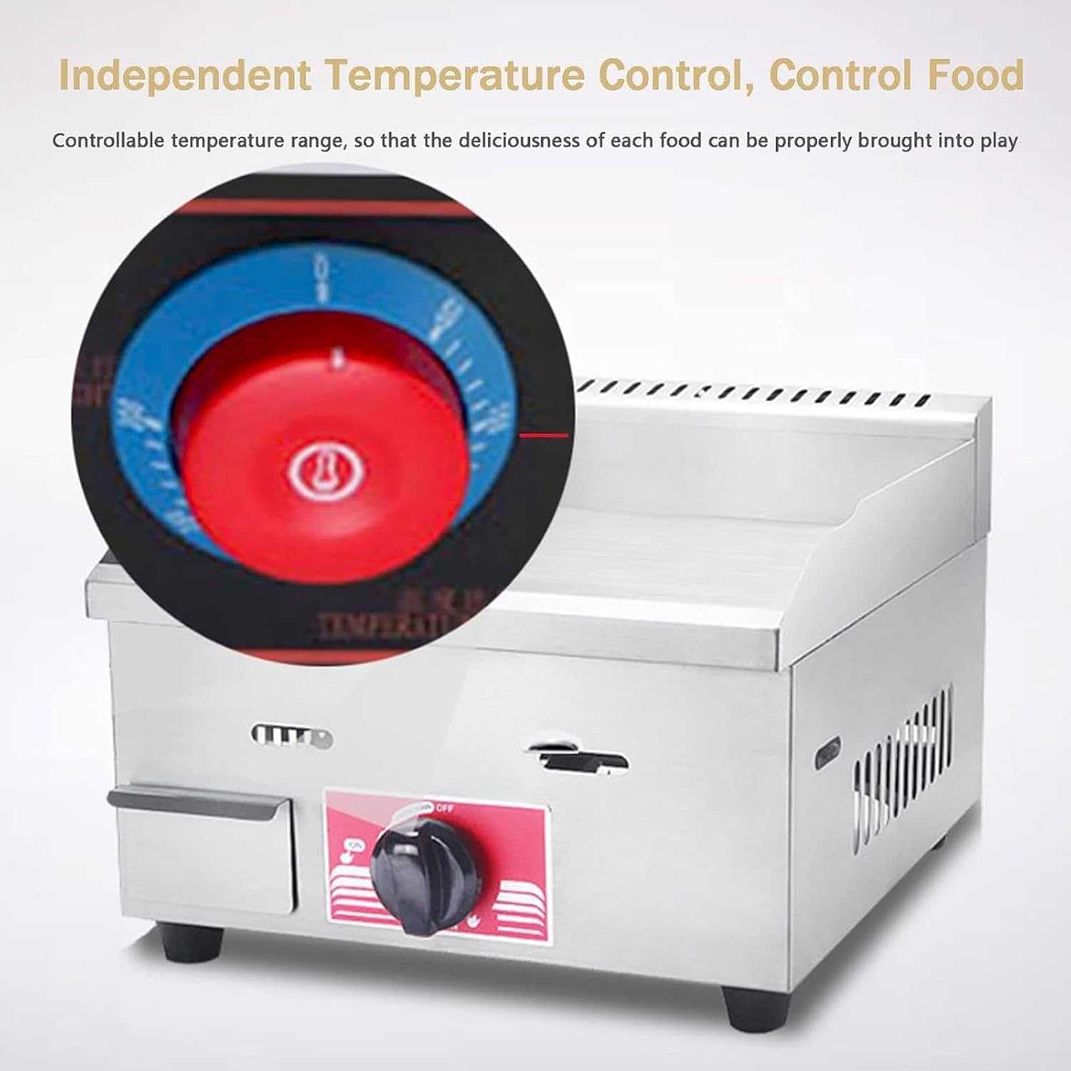 Commercial LPG Gas Griddle,Stainless Countertop Flat Top Griddle Flat Top Fry Pan,Steel Grill BBQ 36cm Large Hotplate with Temperature Control 50-300℃ and Oil Leaking Hole,for Kitchen Und Restaurant