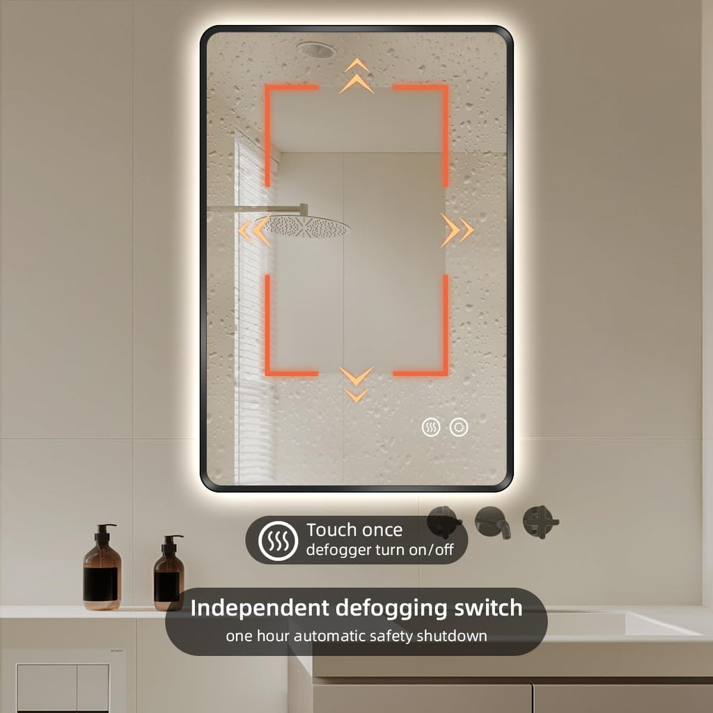 28' x 36' Black LED Bathroom Mirror, Smart Touch Switch, Anti-Fog, Backlit Mirror, 3-Color Dimmable Lighting, CRI≥93, Modern Bathroom Vanity Wall Mirror with Lights (Horizontal/Vertical)