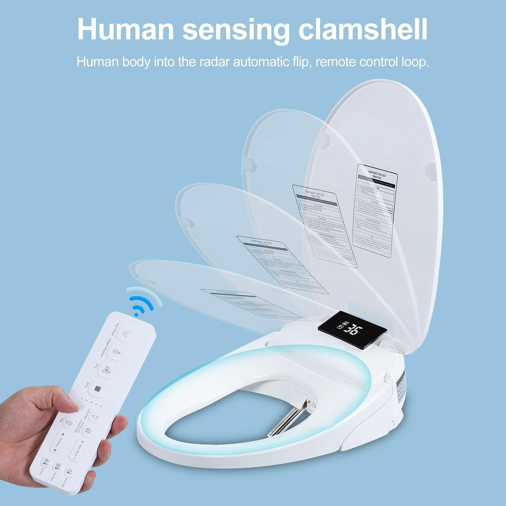 Electric Bidet Toilet Seat, Bidet Attachment for Toilet, Elongated Heated Toilet Seat with Instant Warm Water & Dryer, Self-Clean Nozzle, Automatic Flip Cover US Plug