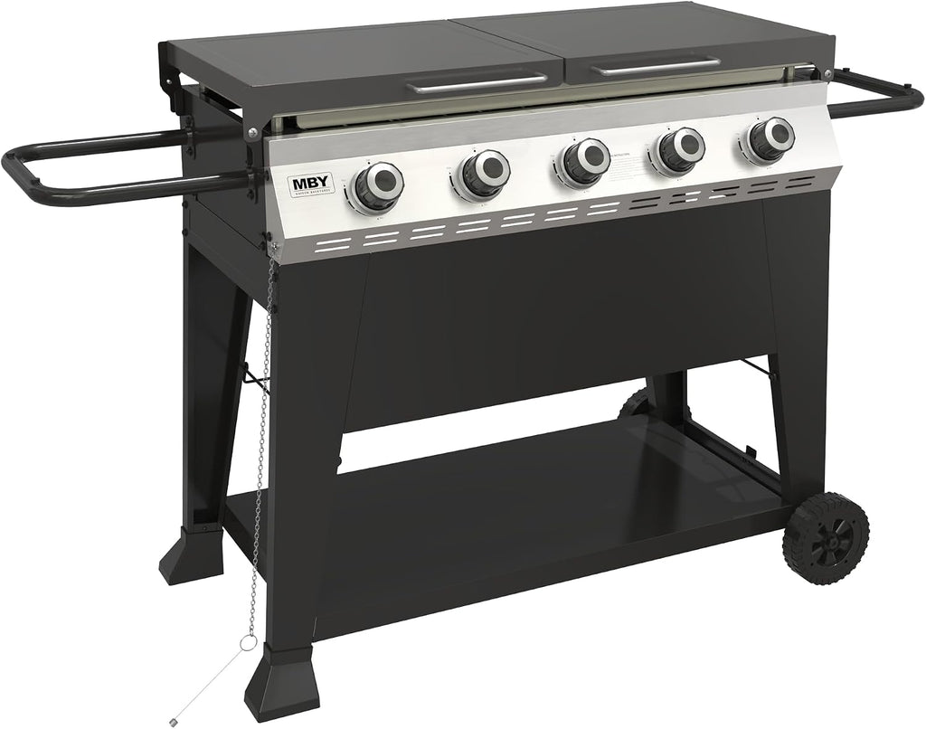 5 Burner Propane Grill with Rainproof Cover 36inch Outdoor Flat Top Griddle Foldable Side Table for Backyards Barbecue