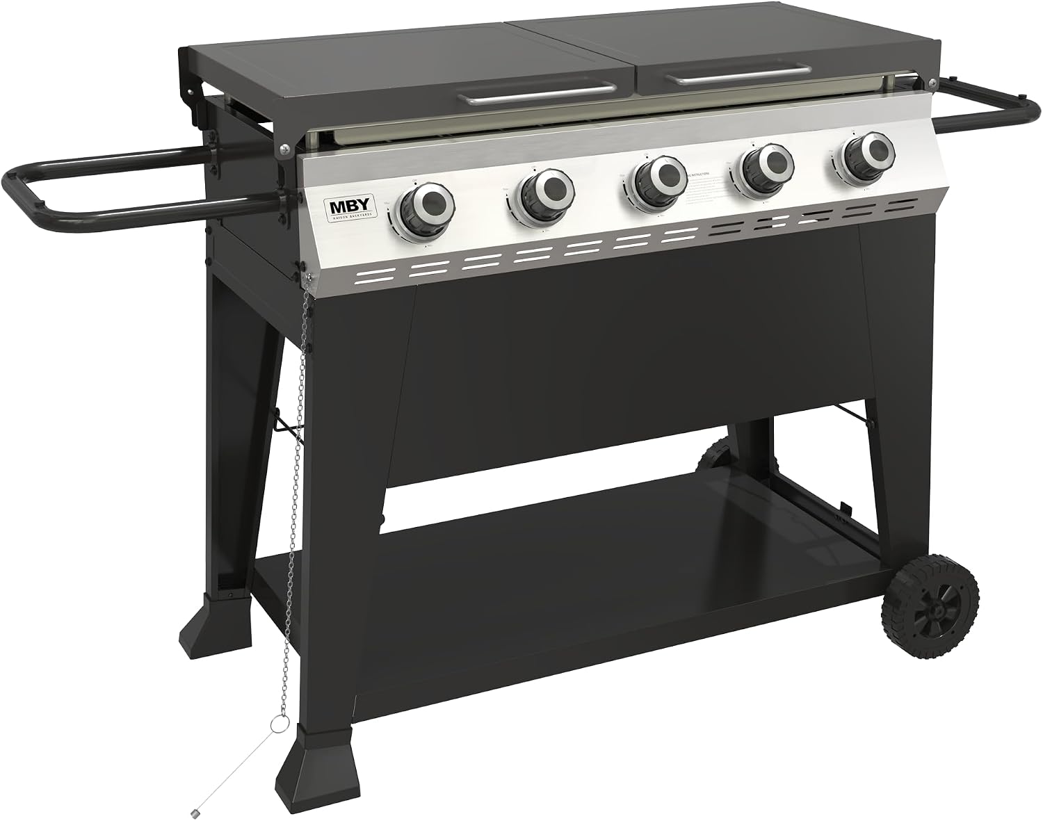 5 Burner Propane Grill with Rainproof Cover 36inch Outdoor Flat Top Griddle Foldable Side Table for Backyards Barbecue