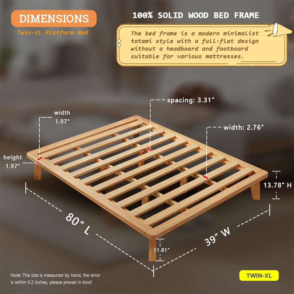 NELYE Twin-XL Platform Bed Base - 14 Inch Solid Wood Mattress Foundation with Support Slats and Legs, Twin XL Size Rubberwood Simple Bed Frame