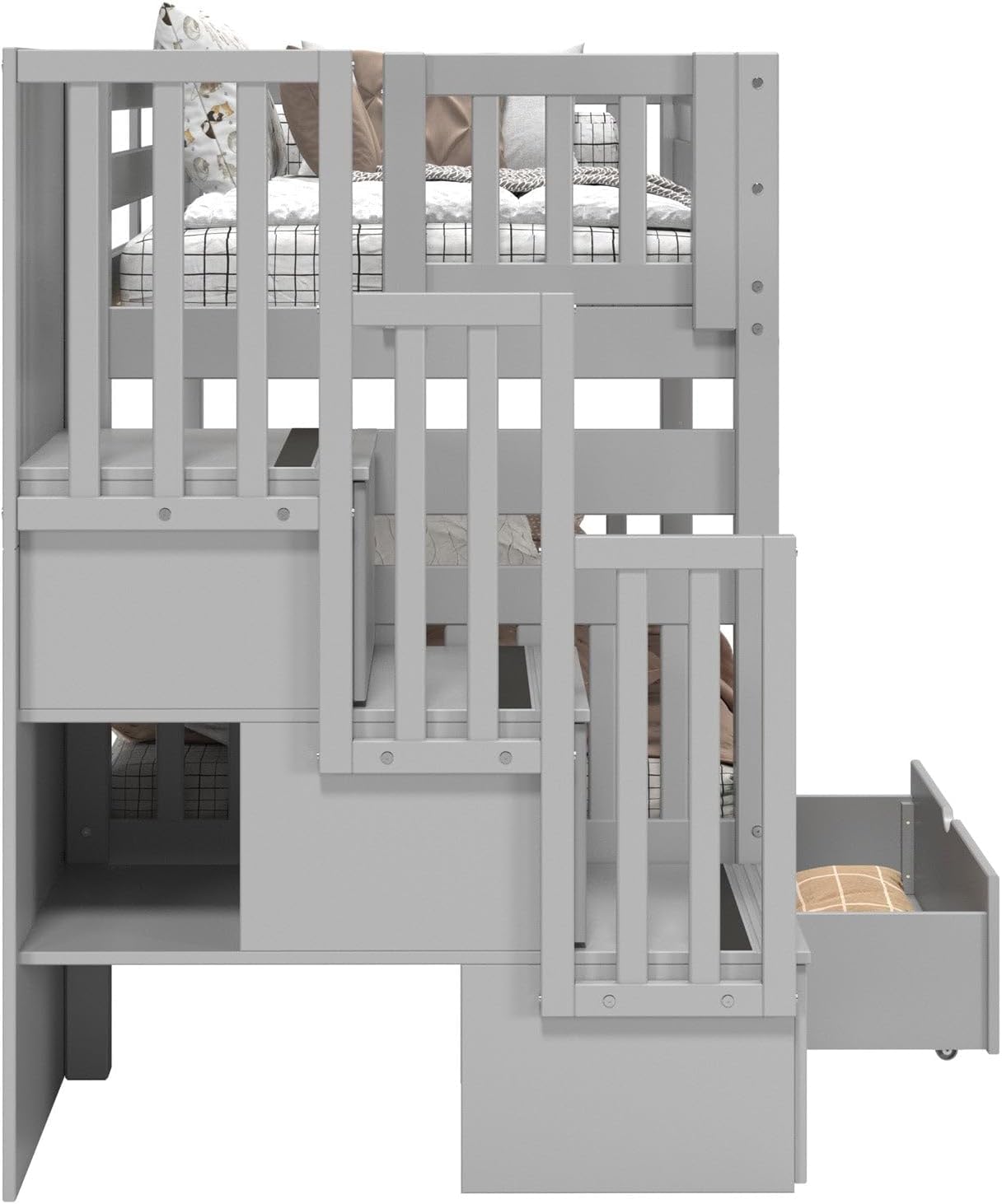 Bedz King Stairway Bunk Beds Twin Over Twin with 3 Drawers in the Steps and 2 Under Bed Drawers, Grey