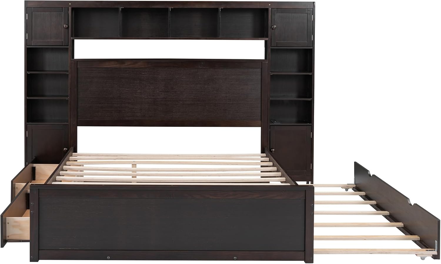 MERITLINE Queen Platform Bed with Storage Headboard,Trundle and Drawers,Solid Wood Queen Bed Frame with Charging Station and Storage for Adults(Espresso)
